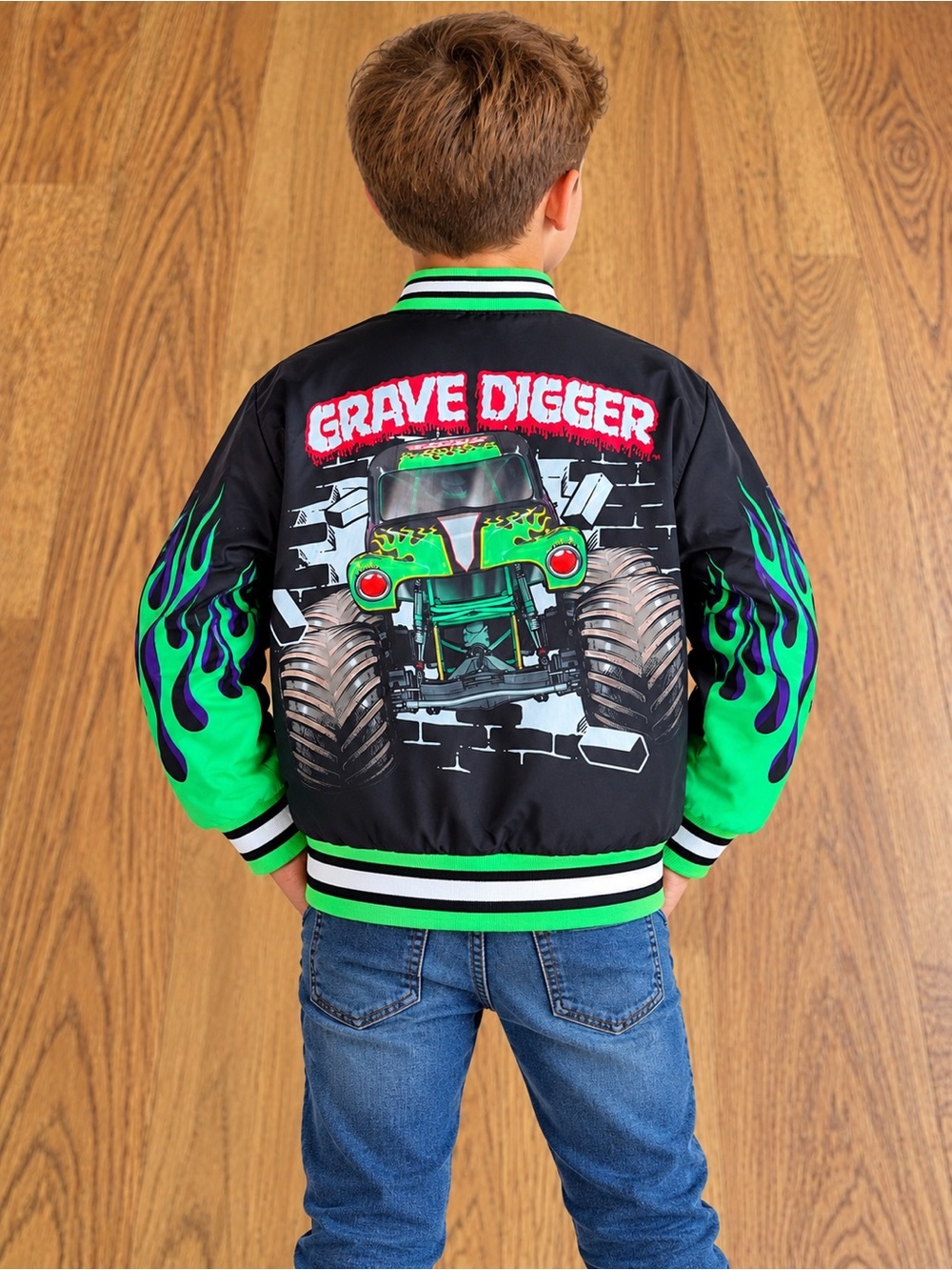 Monster Jam Grave Digger Kids Black and Green Jacket Size 8 - Picture 2 of 5